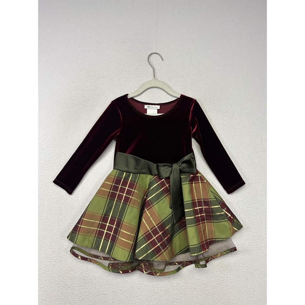 Holiday Christmas Bonnie Jean Toddler 2T Burgundy Green Plaid Velvet Dress